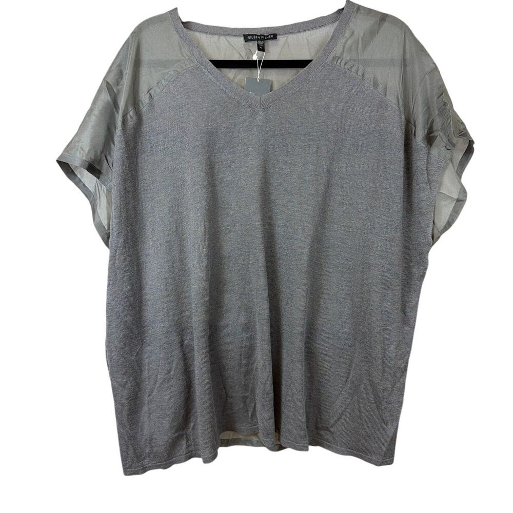 NWT Eileen Fisher Gray V Neck Front Knit Back Silk Sleeveless Top Size XL